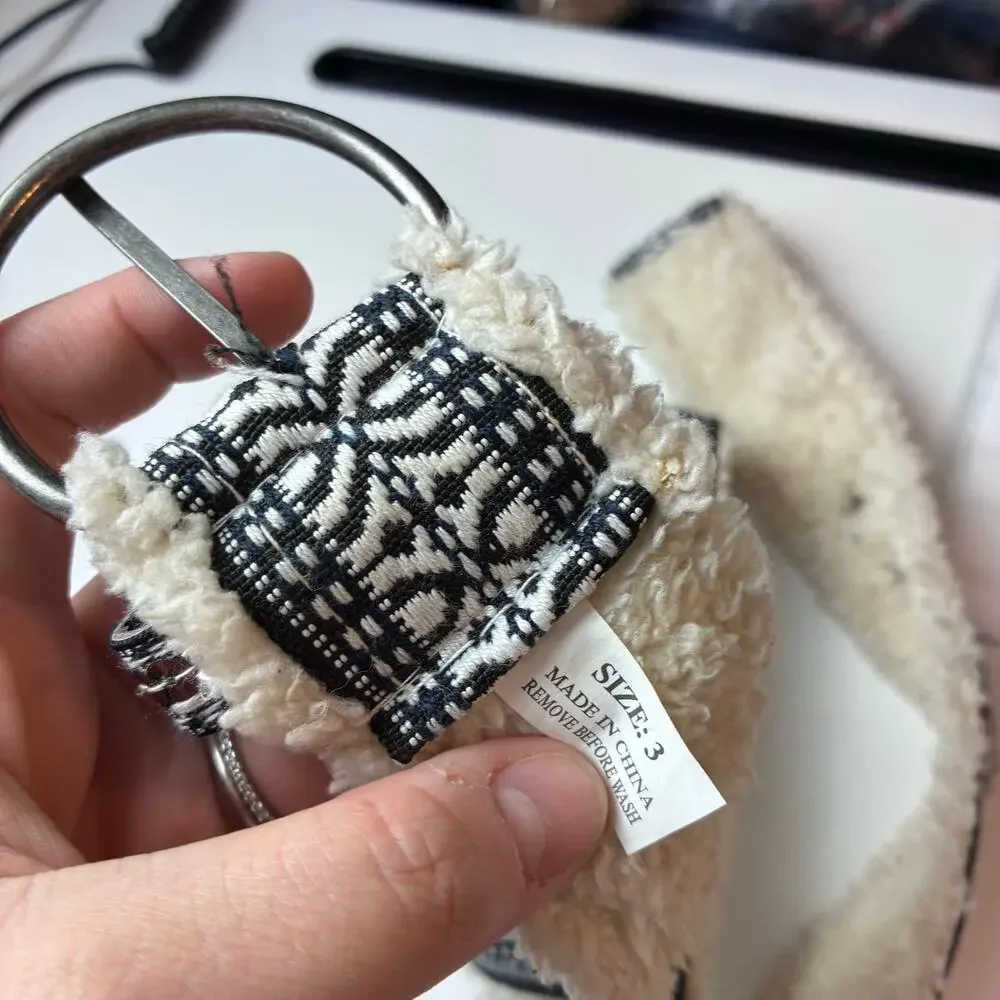 Boho Southwest Geometric Sherpa Fleece Belt Black Cream O-Ring Buckle Size Small